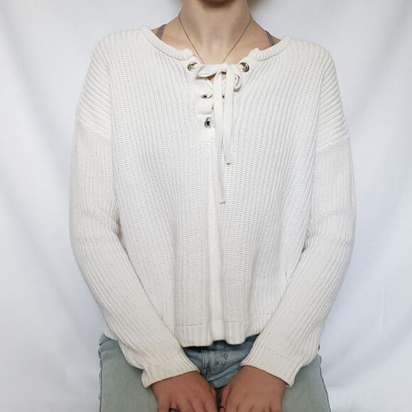 Pimkie Lace Up Ribbed Womens Sweater Size 6 Neutral Grommets Cozy Minimalist - Picture 1 of 8